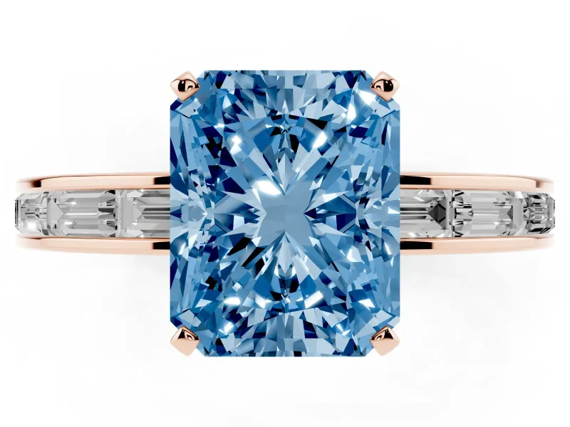 Fancy Blue Radiant Cut Diamond Solitaire Ring Set in Rose gold with Channel-Set Baguette Band and Prong Setting