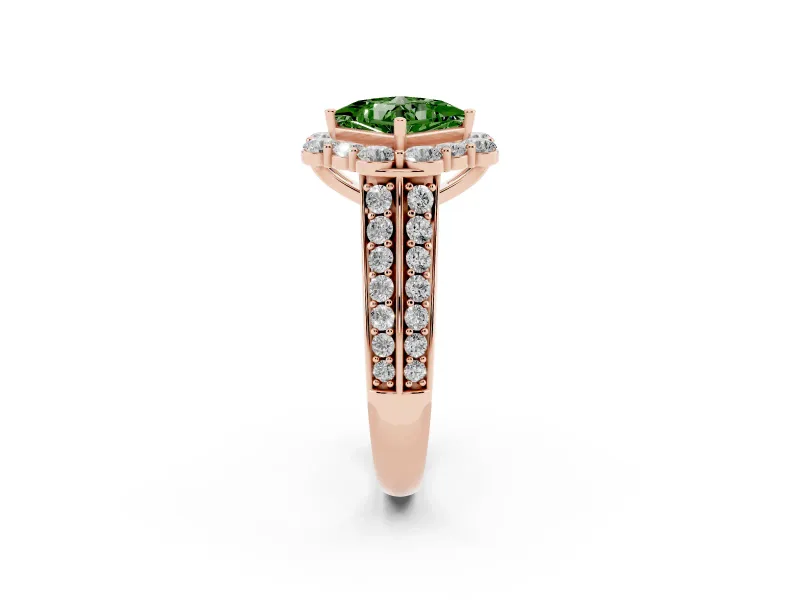Fancy Green Princess Cut Diamond Halo Engagement Ring Set in Rose gold with Split Shank and Prong Setting