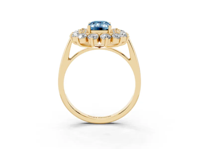 Emerald Cut Floral Double Halo Engagement Ring Setting for a Fancy Blue Lab-Grown Diamond | Plain Band | Yellow Gold