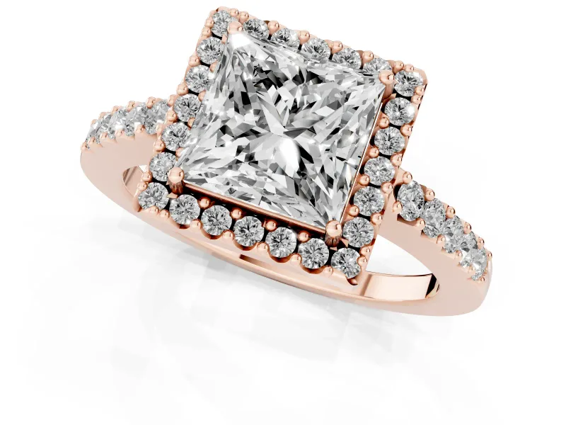 Princess Cut Diamond Halo Pavé Solitaire Ring Set in Rose gold with Prong-Set Center Stone