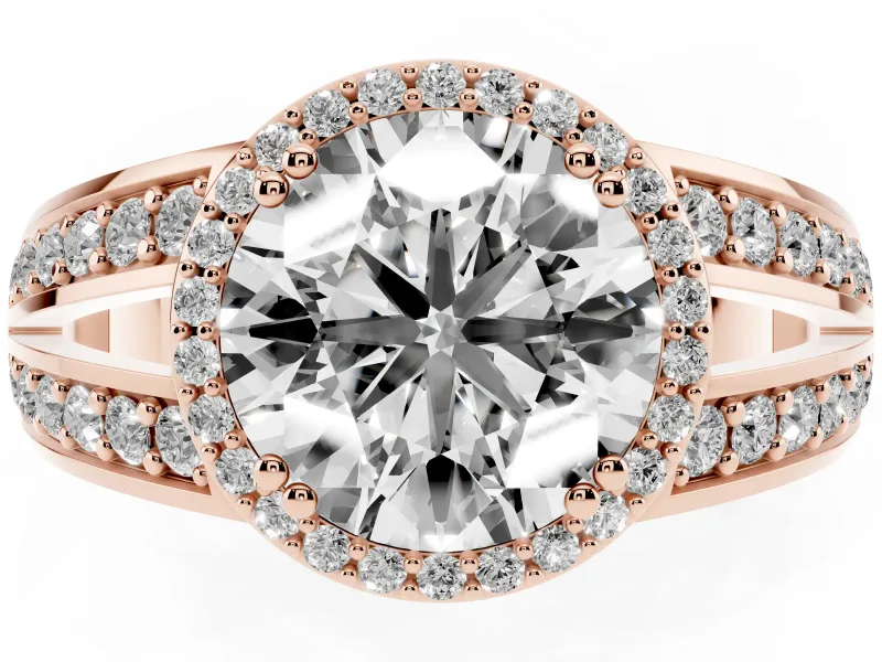Round Halo Engagement Ring Setting | Two-Row Pave Split Shank | Rose Gold