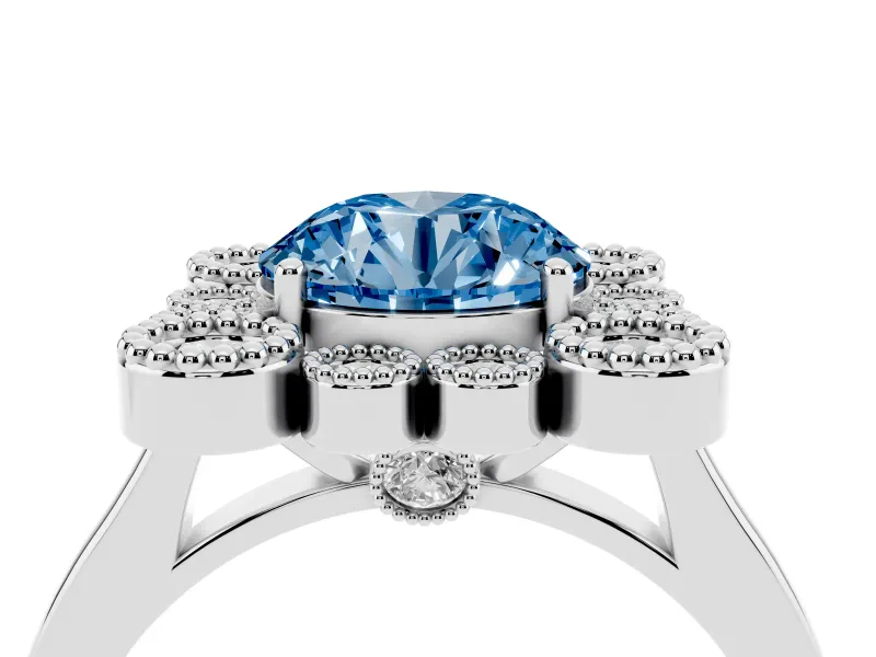 Round Milgrain Cluster Halo Engagement Ring Setting for a Fancy Blue Lab-Grown Diamond | Plain Band | Platinum