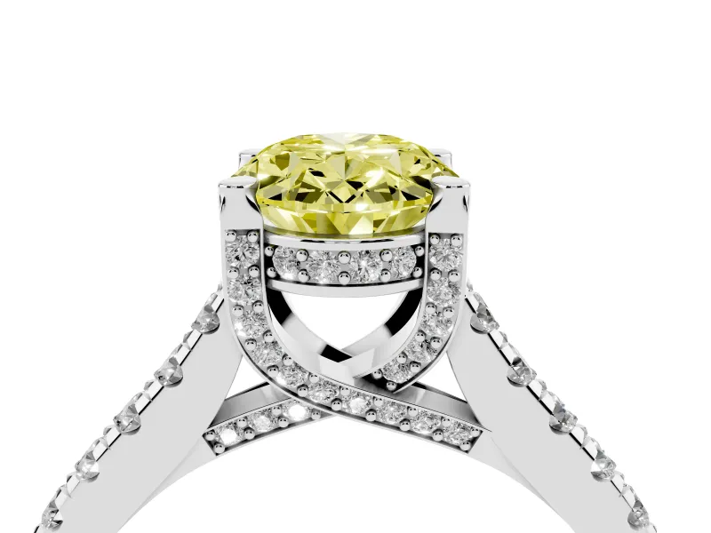Oval Hidden Halo Pave Engagement Ring Setting for a Fancy Yellow Lab-Grown Diamond | Claw Prongs | Platinum
