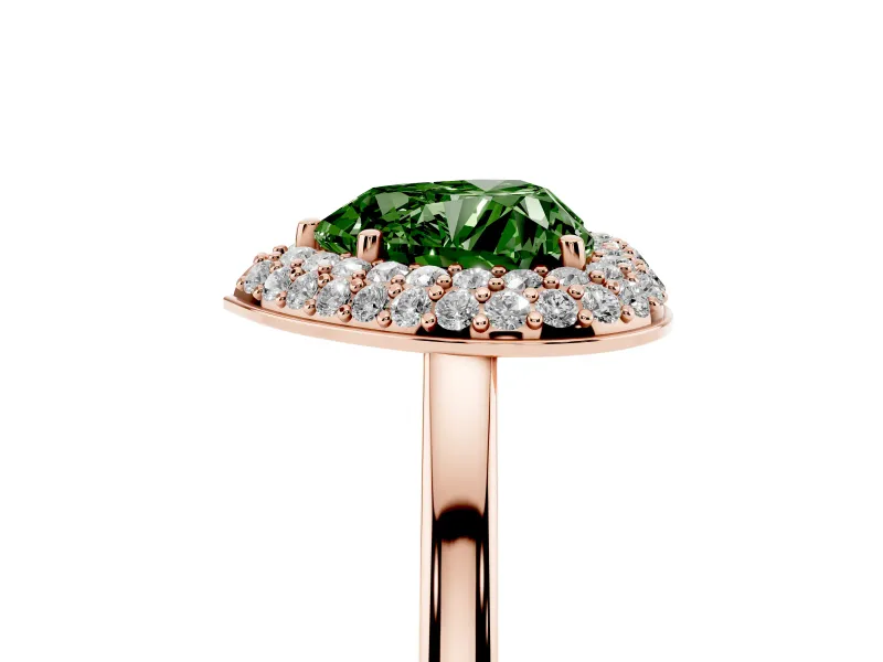 Fancy Green Heart Cut Diamond Halo Engagement Ring Set in Rose gold with Solitaire Band and Prong Setting