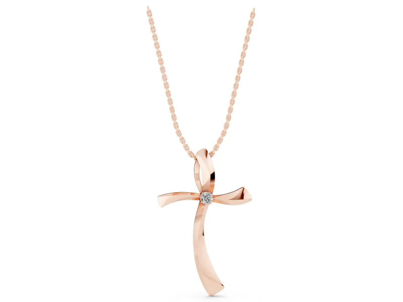 Round Lab-Grown Diamond Curved Cross Pendant Necklace | Sweeping Arms | Rose Gold