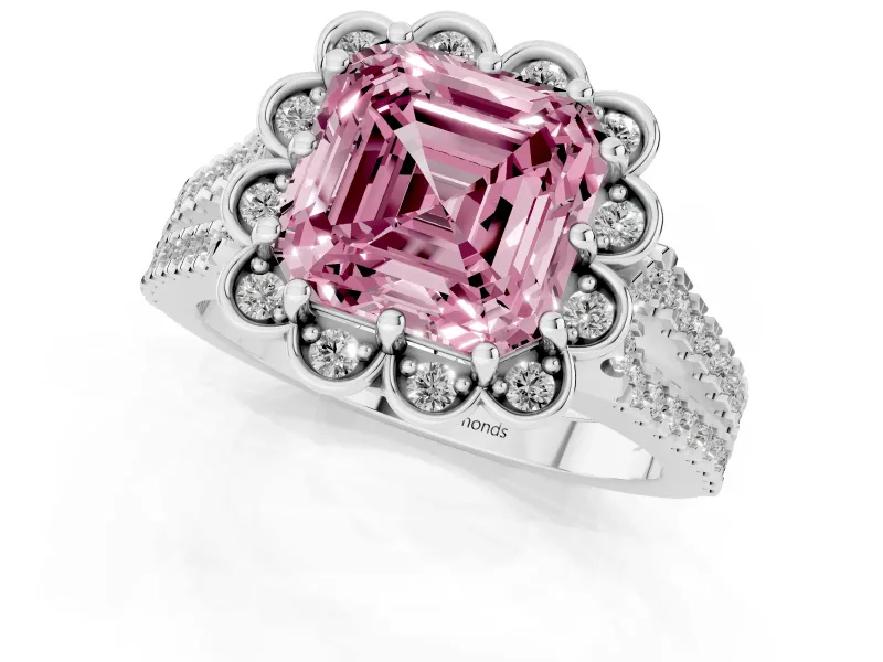 Asscher Cut Floral Halo Engagement Ring Setting for a Fancy Pink Lab-Grown Diamond | Pavé Split Shank | Sterling Silver