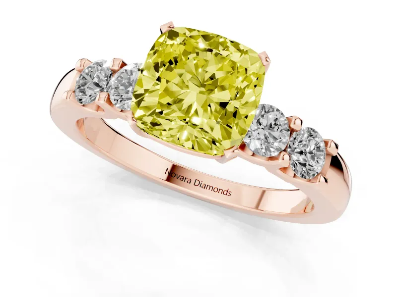 Fancy Yellow Cushion Cut Diamond Five-Stone Prong Set Engagement Ring Set in Rose gold with Channel Band