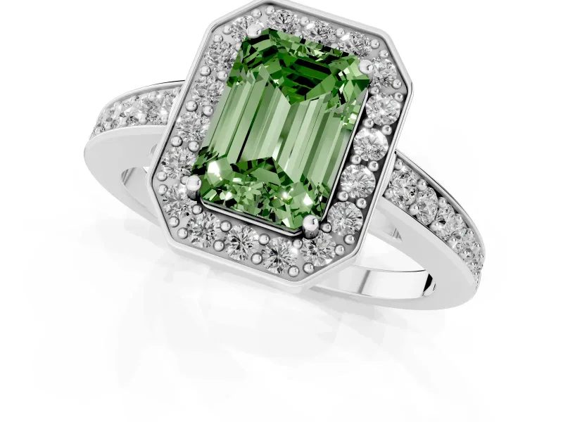 Fancy Green Emerald Cut Diamond Halo Pavé Engagement Ring Set in Silver with Bezel Setting