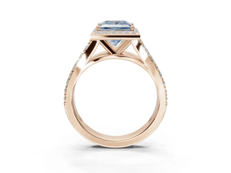 Princess Cut Halo Pavé Engagement Ring Setting for a Fancy Blue Lab-Grown Diamond | Narrow Split Shank | Rose Gold