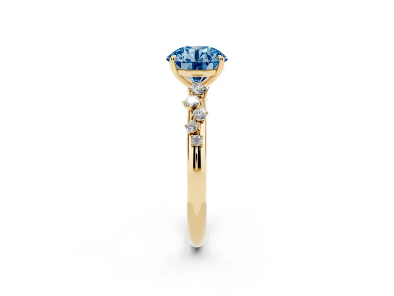 Fancy Blue Round Cut Diamond Cluster Solitaire Ring Set in Yellow gold with Prong Setting