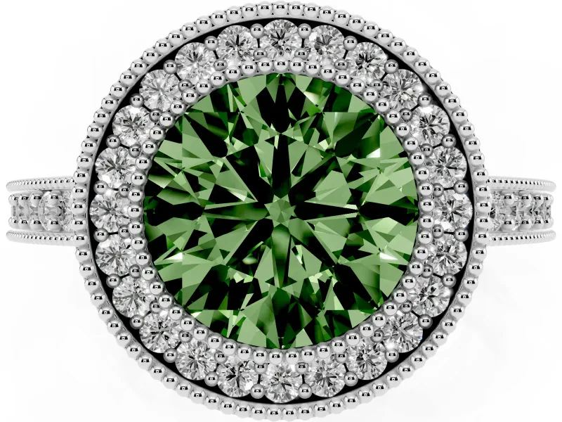 Fancy Green Round Cut Diamond Halo Engagement Ring Set in Platinum with Pavé Band and Round Halo Stones