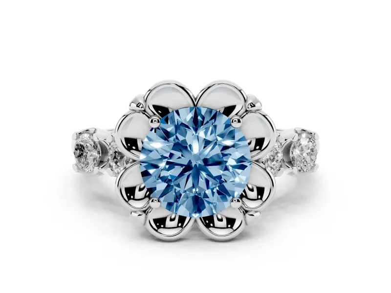 Fancy Blue Round Cut Diamond Floral Halo Ring Set in Silver with Shared Prong Band