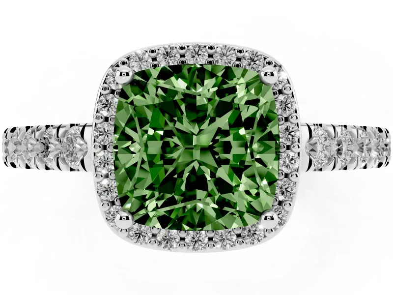 Fancy Green Cushion Cut Diamond Halo Engagement Ring Set in Silver with Pavé Band and Prong Setting