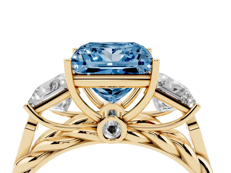 Fancy Blue Princess Cut Diamond Three-Stone Ring Set in Yellow gold with Braided Band