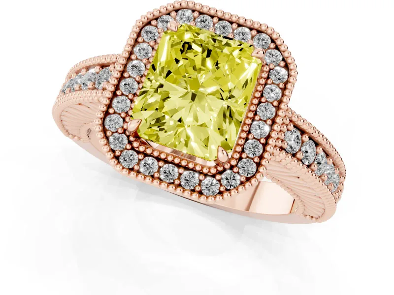 Fancy Yellow Radiant Cut Diamond Halo Ring Set in Rose gold with Round Accent Halo, Pavé Band and Prong Setting