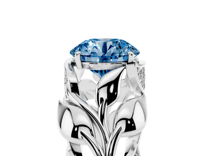 Fancy Blue Round Cut Diamond Leaf-Inspired Engagement Ring Set in Platinum with Round Accents