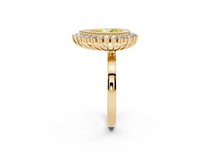 Fancy Yellow Pear Cut Diamond Halo Ring Set in Yellow gold with Milgrain Edge and Round Prong Setting