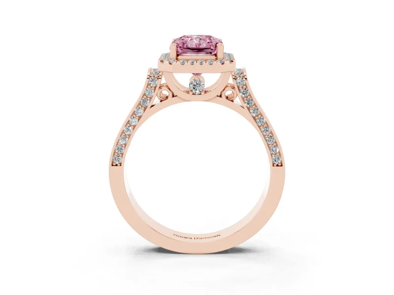 Fancy Pink Radiant Cut Diamond Halo Ring Set in Rose gold with Pavé-Lined Split Shank Band