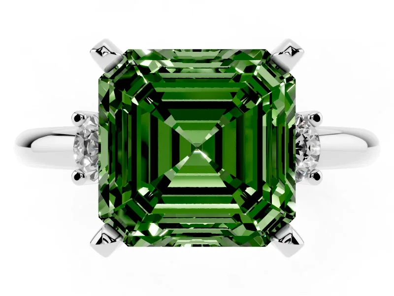 Fancy Green Three-Stone Asscher Cut Diamond Ring Set in Silver with Prong Setting and Plain Band
