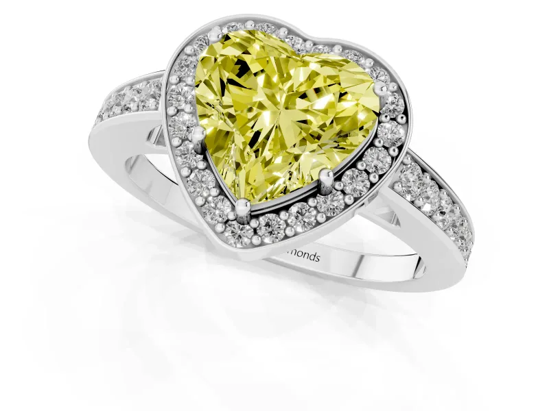 Fancy Yellow Heart Cut Diamond Halo Pavé Engagement Ring Set in Platinum with Bezel Setting