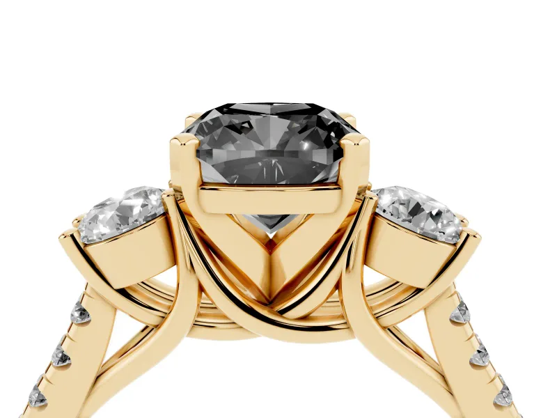Fancy Black Three-Stone Cushion Cut Diamond Pavé Band Ring Set in Yellow gold with Prong-Set Trio