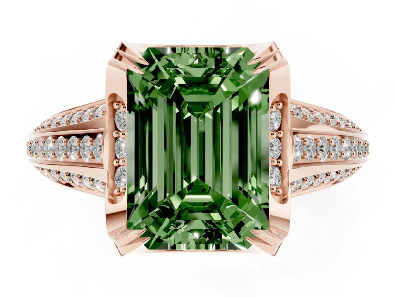 Fancy Green Emerald Cut Diamond Pavé Split Shank Solitaire Ring Set in Rose gold with Prong Setting