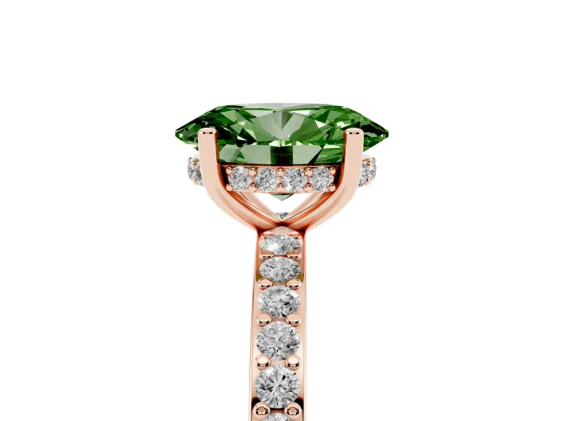 Fancy Green Oval Cut Diamond Pavé Band Ring Set in Rose gold with Prong-Set Center Stone