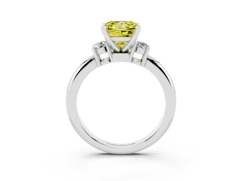 Fancy Yellow Three-Stone Princess Cut Diamond Ring Set in Platinum with Prong Setting and Plain Band