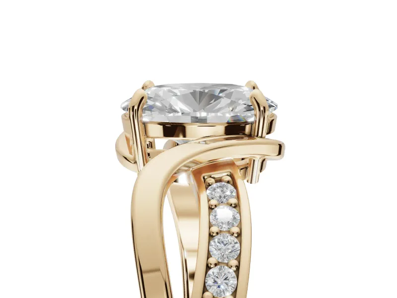 Oval Bypass Solitaire Engagement Ring Setting | Pavé and Plain Strands | Yellow Gold