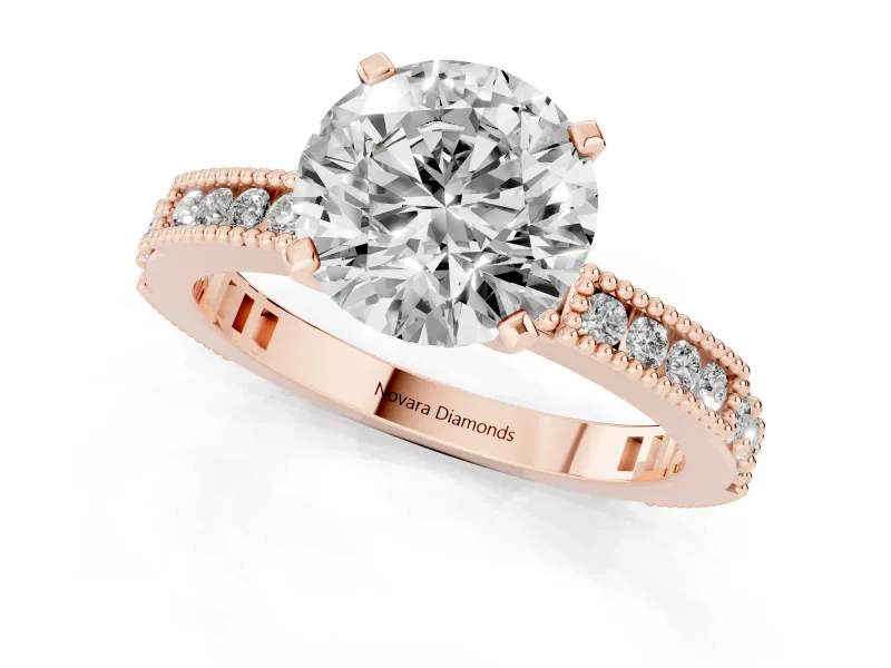 Round Vintage Pavé Solitaire Engagement Ring Setting | Milgrain Edges | Rose Gold