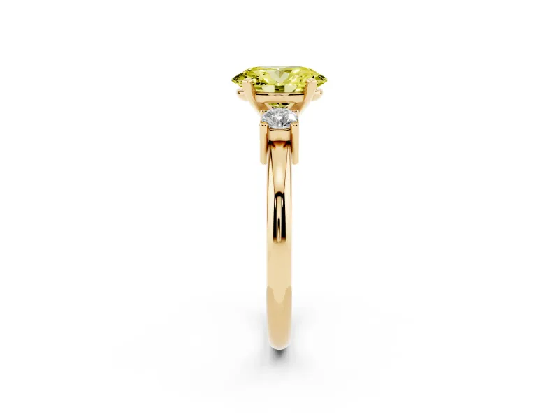 Oval Three Stone Engagement Ring Setting for a Fancy Yellow Lab-Grown Diamond | Round Side Stones | Yellow Gold
