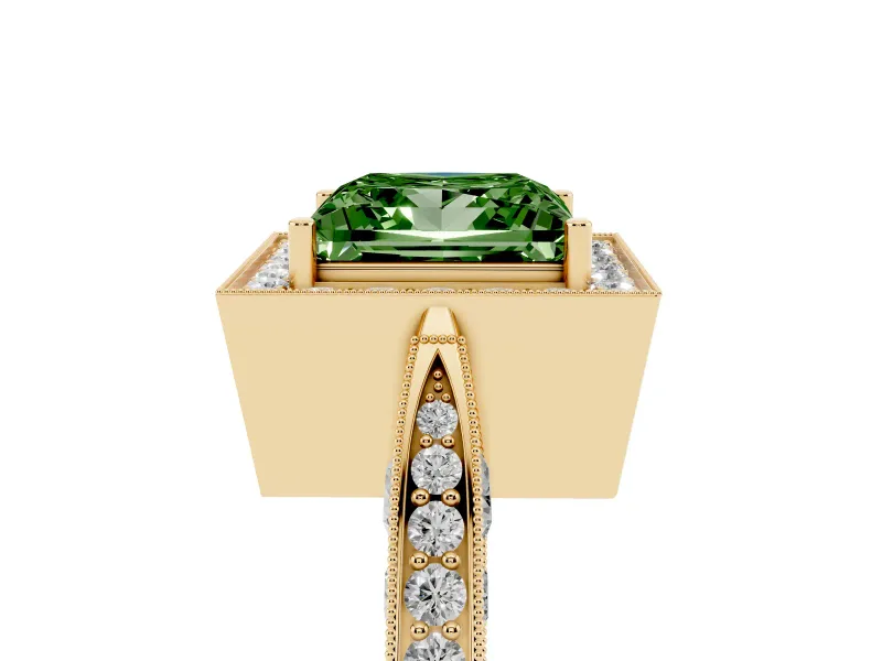 Princess Cut Milgrain Halo Engagement Ring Setting for a Fancy Green Lab-Grown Diamond | Side Stones | Yellow Gold