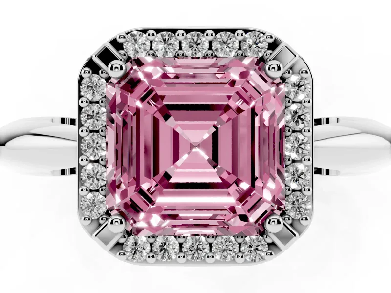 Asscher Cut Halo Engagement Ring Setting for a Fancy Pink Lab-Grown Diamond | Plain Tapered Band | White Gold