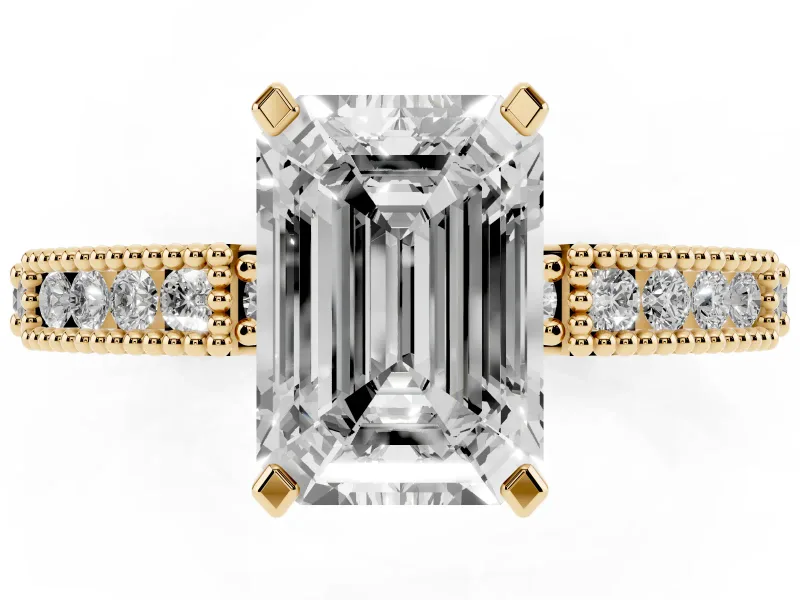 Emerald Cut Vintage Pavé Solitaire Engagement Ring Setting | Milgrain Edges | Yellow Gold