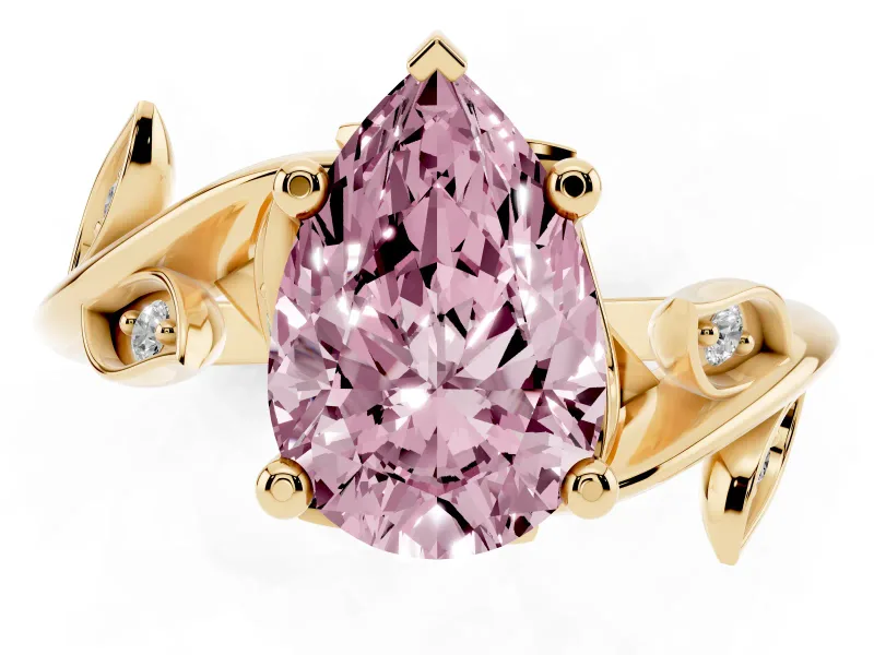 Fancy Pink Pear Cut Diamond Solitaire Twist Engagement Ring Set in Yellow gold with Pavé Leaf Accents