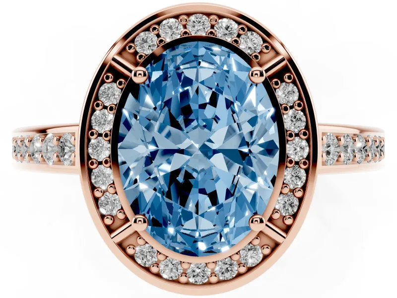 Fancy Blue Oval Cut Diamond Halo Pavé Split Shank Ring Set in Rose gold with Prong Setting