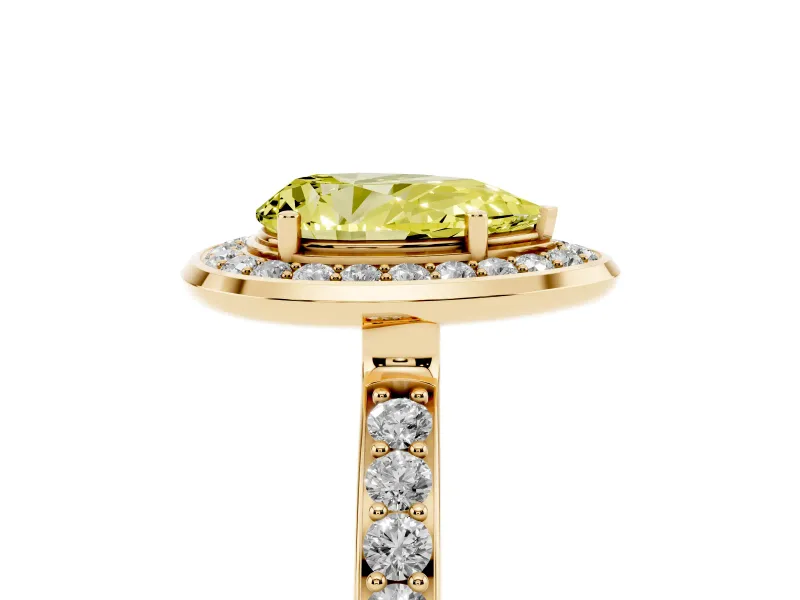 Fancy Yellow Pear Cut Diamond Halo Ring Set in Yellow gold with Bezel Frame and Pavé Band