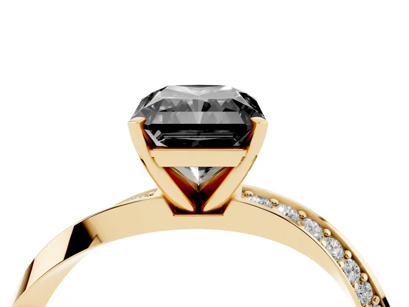 Fancy Black Radiant Cut Diamond Engagement Ring Set in Yellow gold with Side Stone Accents and Prong Setting