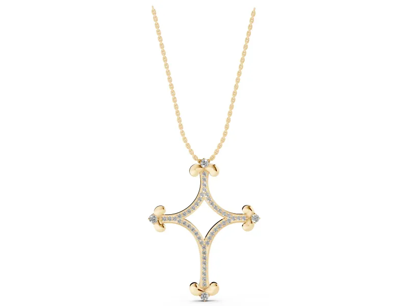 Round Lab-Grown Diamond Pavé Open Cross Pendant Necklace | Fleur-de-Lis Tips | Yellow Gold