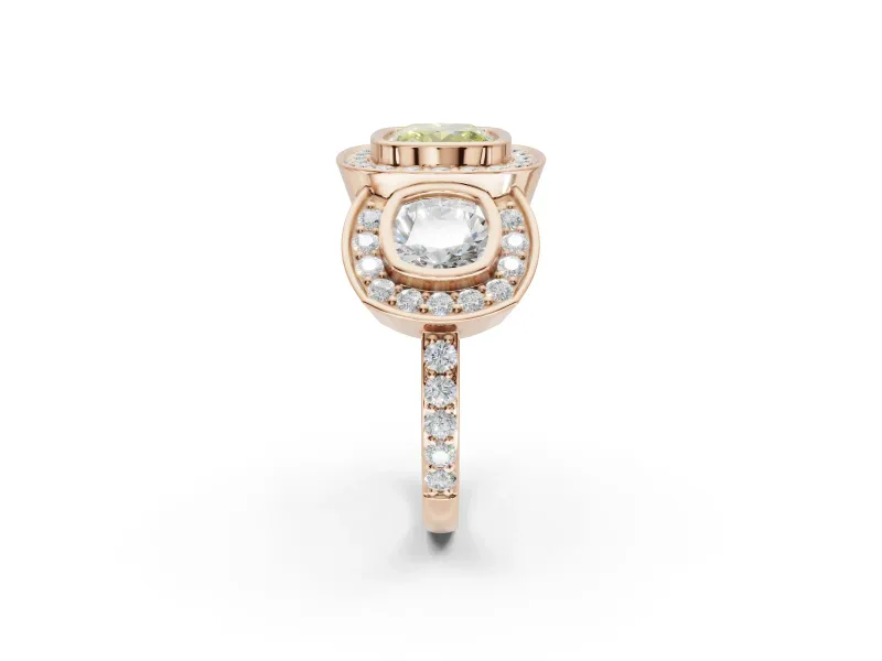 Cushion Cut Three Stone Halo Engagement Ring Setting for a Fancy Yellow Lab-Grown Diamond | Bezel Set | Rose Gold