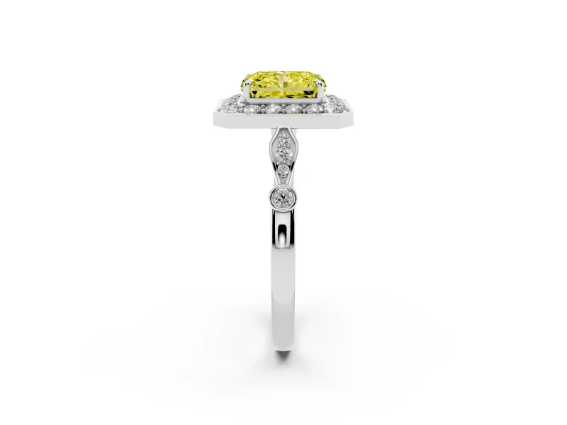 Radiant Cut Halo Engagement Ring Setting for a Fancy Yellow Lab-Grown Diamond | Bezel Station Shoulders | Platinum