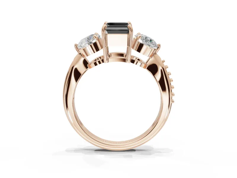 Emerald Cut Three Stone Engagement Ring Setting for a Black Center | Tapered Pavé Band | Rose Gold