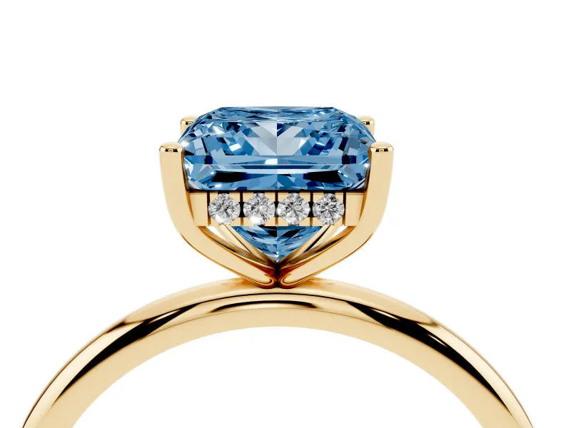 Fancy Blue Princess Cut Diamond Solitaire Engagement Ring Set in Yellow gold with Prong Setting and Polished Band