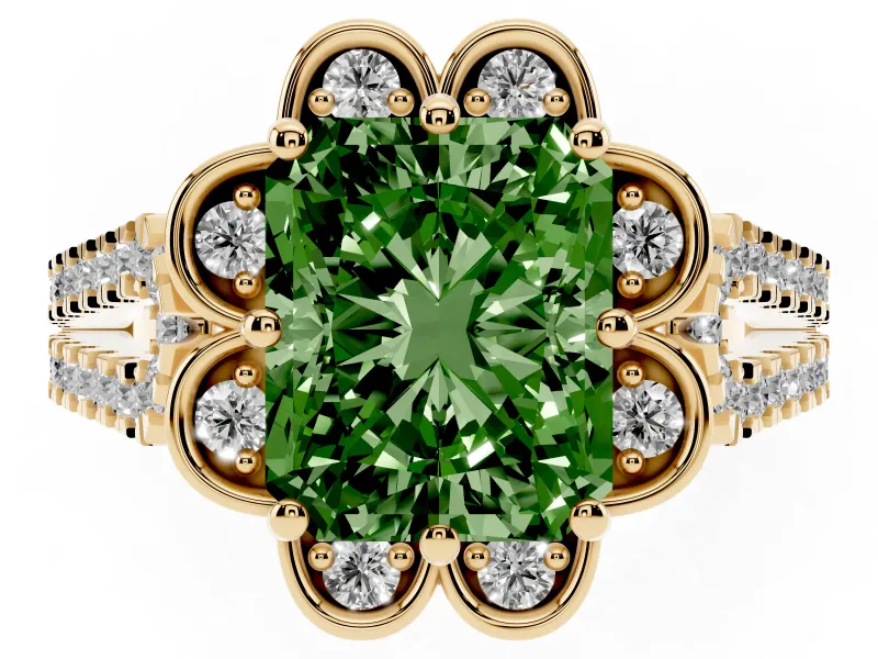 Radiant Cut Floral Halo Engagement Ring Setting for a Fancy Green Lab-Grown Diamond | Pavé Split Shank | Yellow Gold