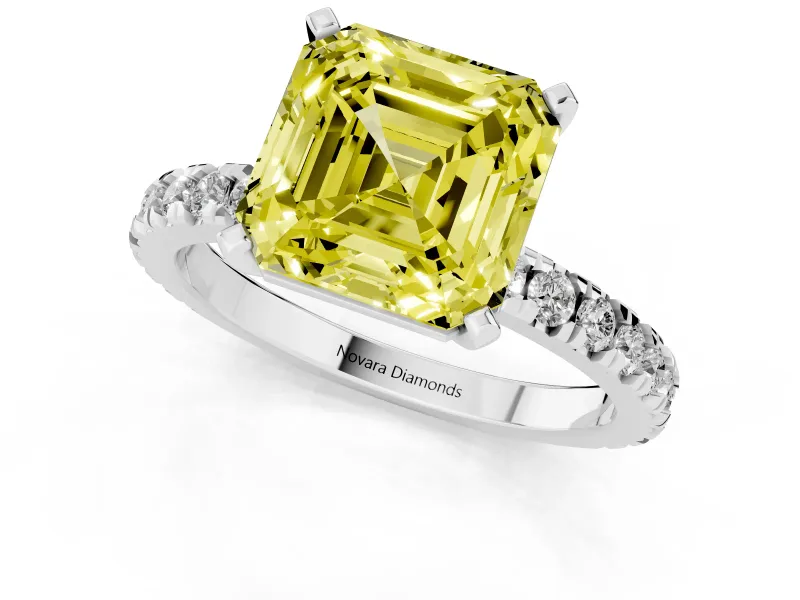 Fancy Yellow Asscher Cut Diamond Pavé Band Solitaire Set in White gold with Prong Setting