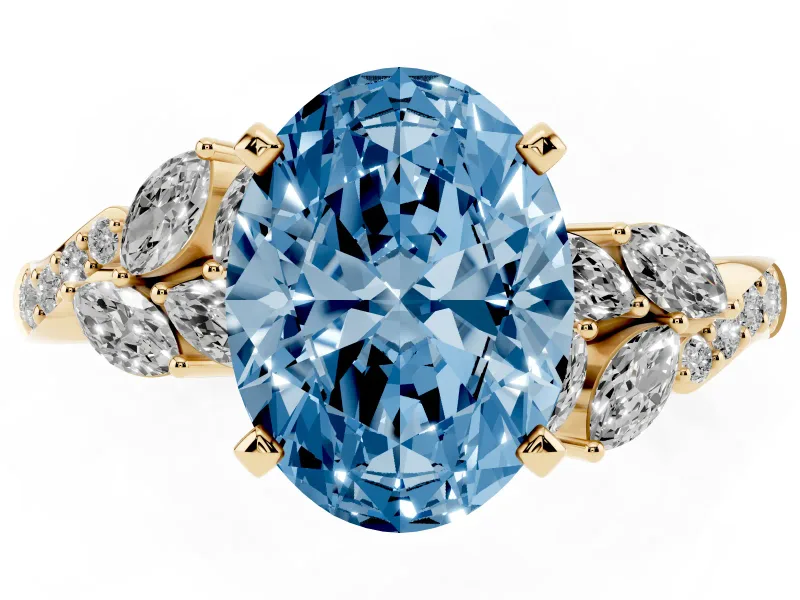Fancy Blue Oval Cut Diamond Solitaire Ring Set in Yellow gold with Marquise Twist Band and Prong Setting