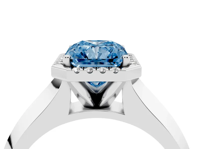 Fancy Blue Radiant Cut Diamond Halo Ring Set in Platinum with Cathedral Band and Prong Setting