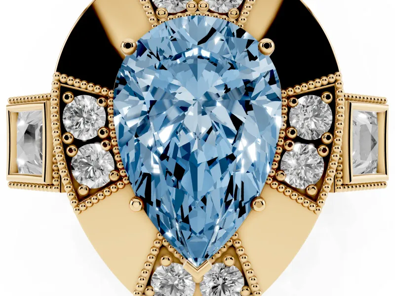 Fancy Blue Pear Cut Diamond Milgrain Halo Ring Set in Yellow gold with Split Shank