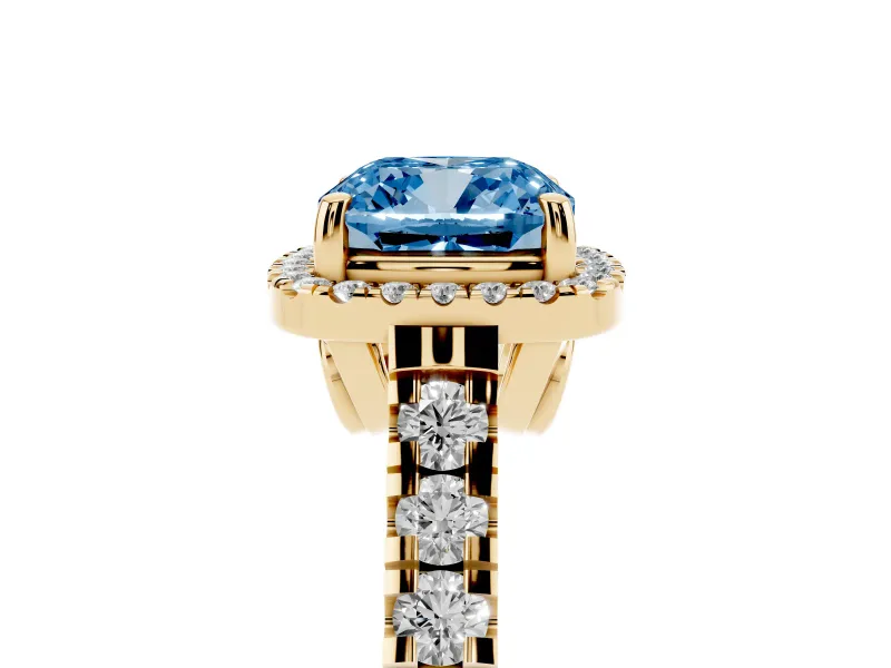 Cushion Cut Accented Halo Engagement Ring Setting for a Fancy Blue Lab-Grown Diamond | Yellow Gold