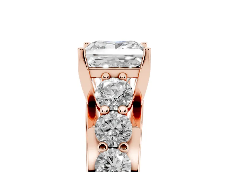 Princess Cut Graduated Side Stone Engagement Ring Setting | Shared Prong Rails | Rose Gold